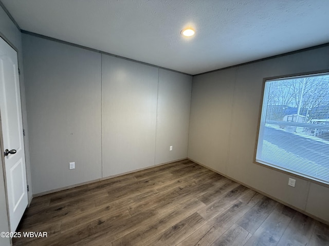 spare room featuring a wealth of natural light, a textured ceiling, and hardwood / wood-style flooring