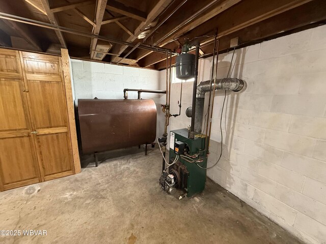 309 W Keller St, Lock Haven, PA 17745 - unfinished basement featuring heating fuel, a heating unit, and concrete block wall
