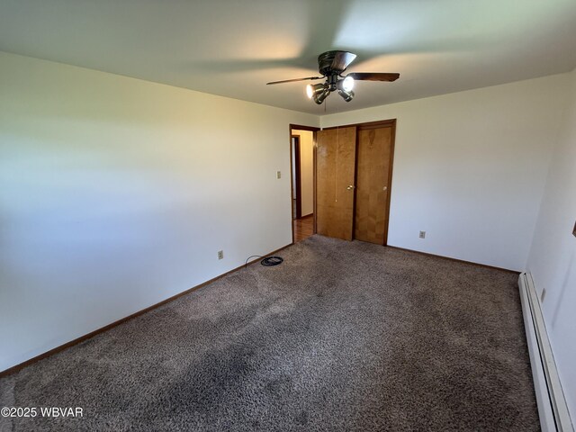 309 W Keller St, Lock Haven, PA 17745 - unfurnished bedroom with a baseboard heating unit, carpet, ceiling fan, and a closet