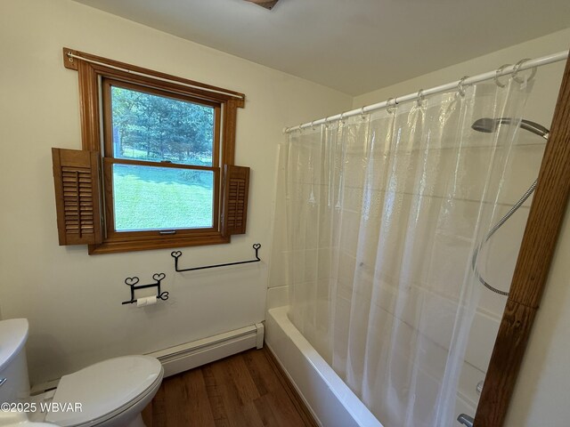 309 W Keller St, Lock Haven, PA 17745 - bathroom with a baseboard heating unit, wood finished floors, and shower / tub combo with curtain