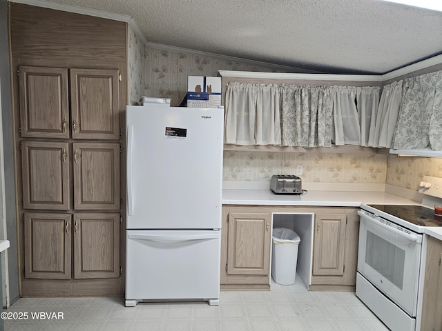 1592 Cement Hollow Rd, Jersey Shore, PA 17740 - kitchen with a textured ceiling, white appliances, crown molding, light floors, and light countertops