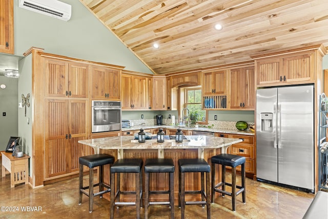 kitchen featuring a wall mounted AC, appliances with stainless steel finishes, a kitchen island, a sink, and wooden ceiling