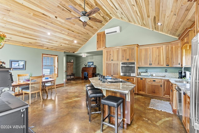 kitchen featuring finished concrete flooring, oven, a kitchen island, high vaulted ceiling, and a wall mounted air conditioner