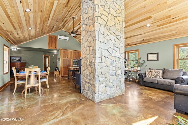 dining room featuring high vaulted ceiling, an AC wall unit, wood ceiling, and a ceiling fan