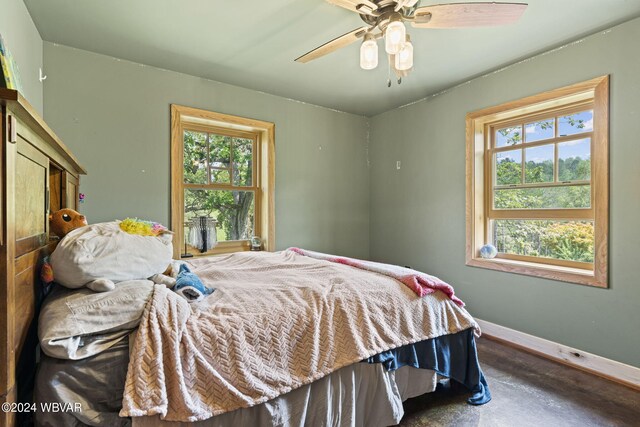 bedroom featuring ceiling fan, multiple windows, and baseboards