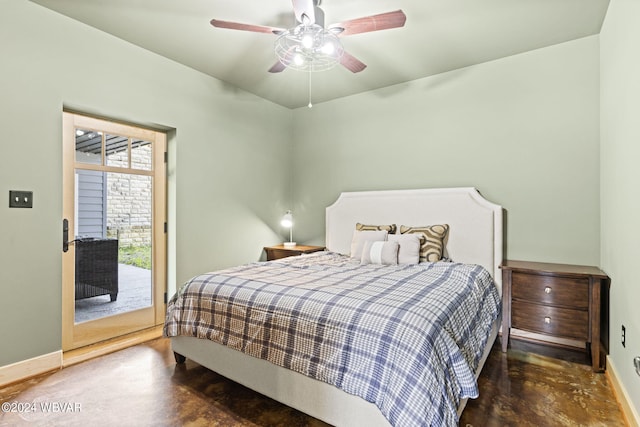 bedroom with baseboards, access to outside, ceiling fan, and finished concrete floors