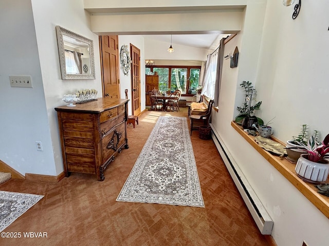 61 W Houston Ave, Montgomery, PA 17752 - corridor with baseboard heating, lofted ceiling, and carpet floors