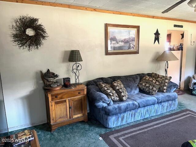 carpeted living room with crown molding