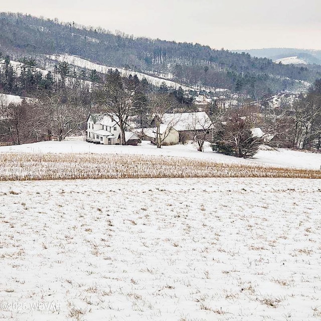 yard covered in snow featuring a mountain view