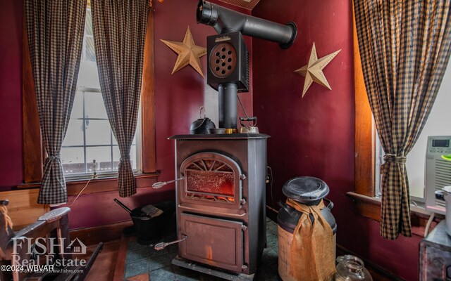 room details featuring a wood stove