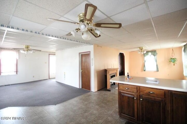 kitchen featuring carpet flooring, a drop ceiling, and ceiling fan