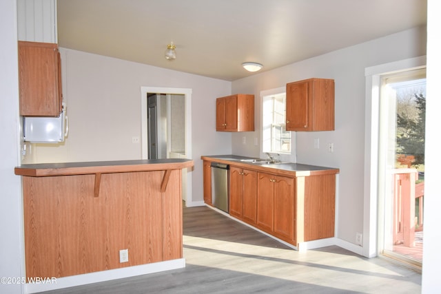 kitchen with a healthy amount of sunlight, sink, stainless steel dishwasher, and light hardwood / wood-style floors