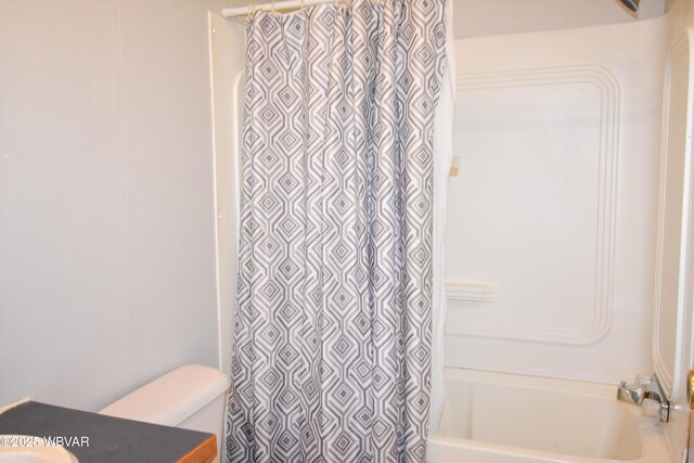 full bathroom featuring vanity, shower / bath combination with curtain, and toilet