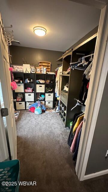 spacious closet featuring dark carpet