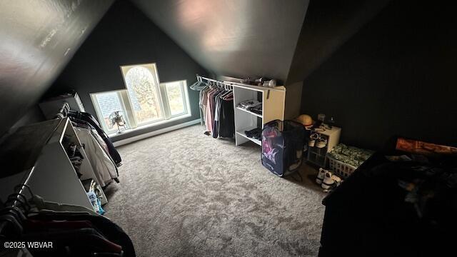 interior space with carpet floors, lofted ceiling, and baseboard heating