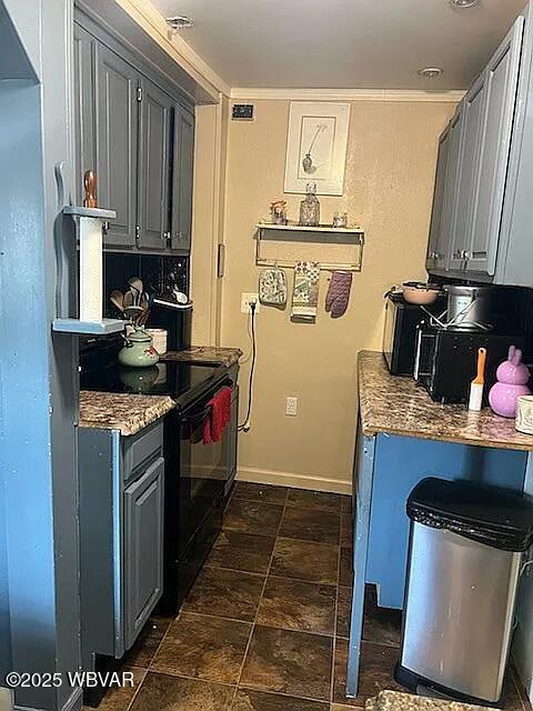 1518 Memorial Ave, Williamsport, PA 17701 - kitchen with black range with electric cooktop, gray cabinetry, dark stone finish floors, and baseboards