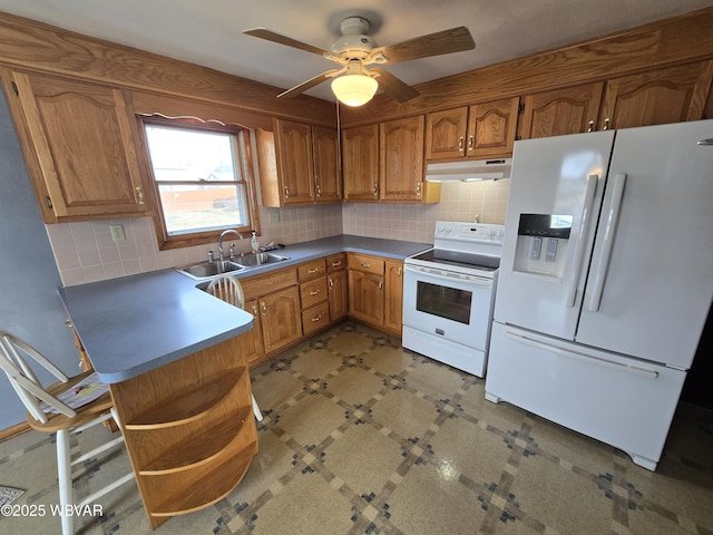 kitchen featuring white appliances, brown cabinetry, a sink, decorative backsplash, and under cabinet range hood