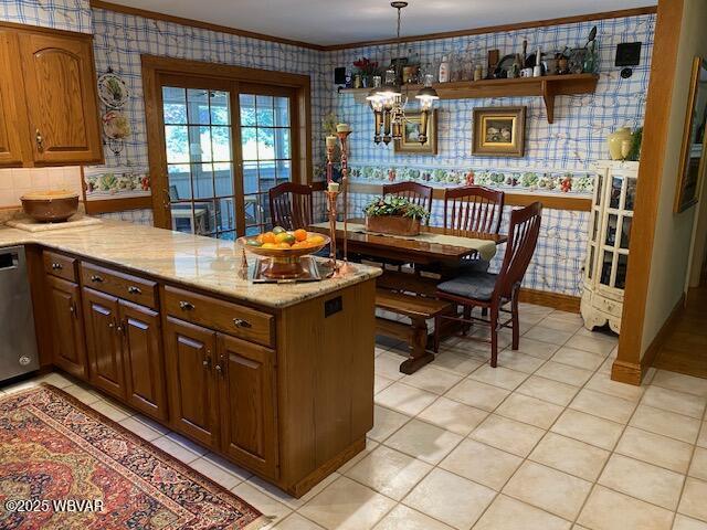 1550 Campbell St, Williamsport, PA 17701 - kitchen with stainless steel dishwasher, a peninsula, wallpapered walls, and ornamental molding