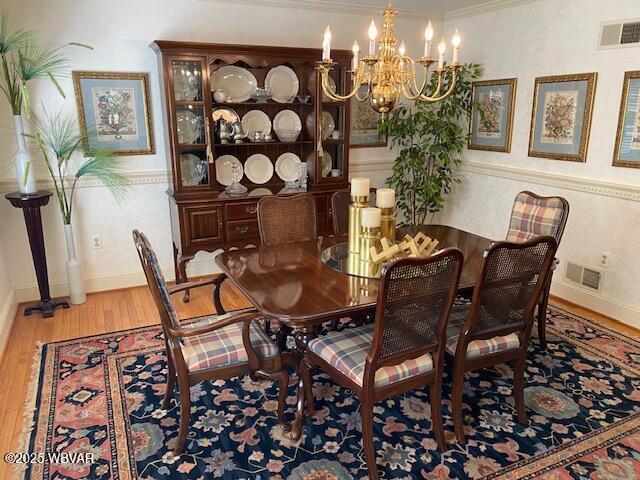 1550 Campbell St, Williamsport, PA 17701 - dining space featuring baseboards, visible vents, an inviting chandelier, and wood finished floors