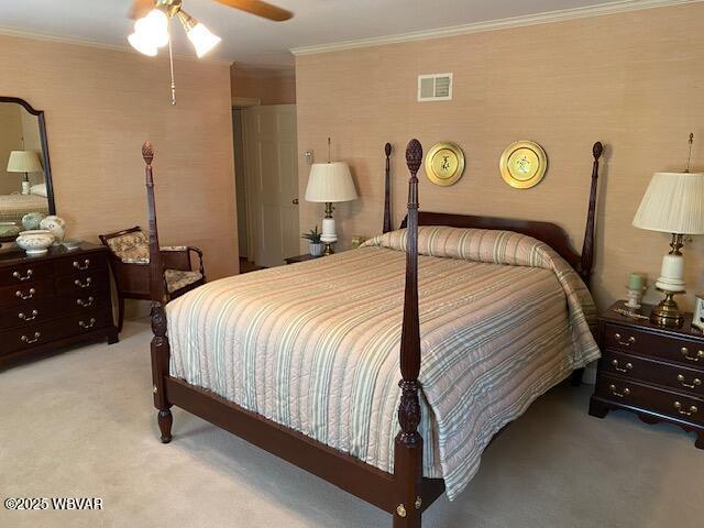 1550 Campbell St, Williamsport, PA 17701 - bedroom featuring carpet flooring, a ceiling fan, visible vents, and ornamental molding