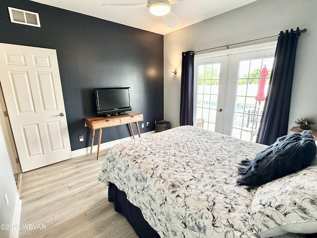 2035 Woodland Rd, Montoursville, PA 17754 - bedroom with access to outside, light wood-style floors, french doors, baseboards, and a ceiling fan
