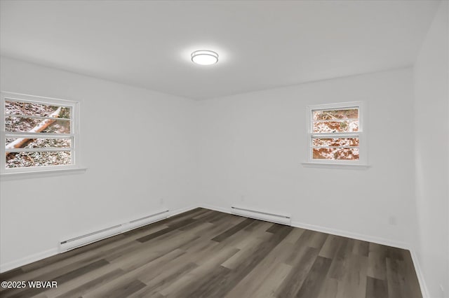 empty room featuring a baseboard radiator and dark hardwood / wood-style flooring