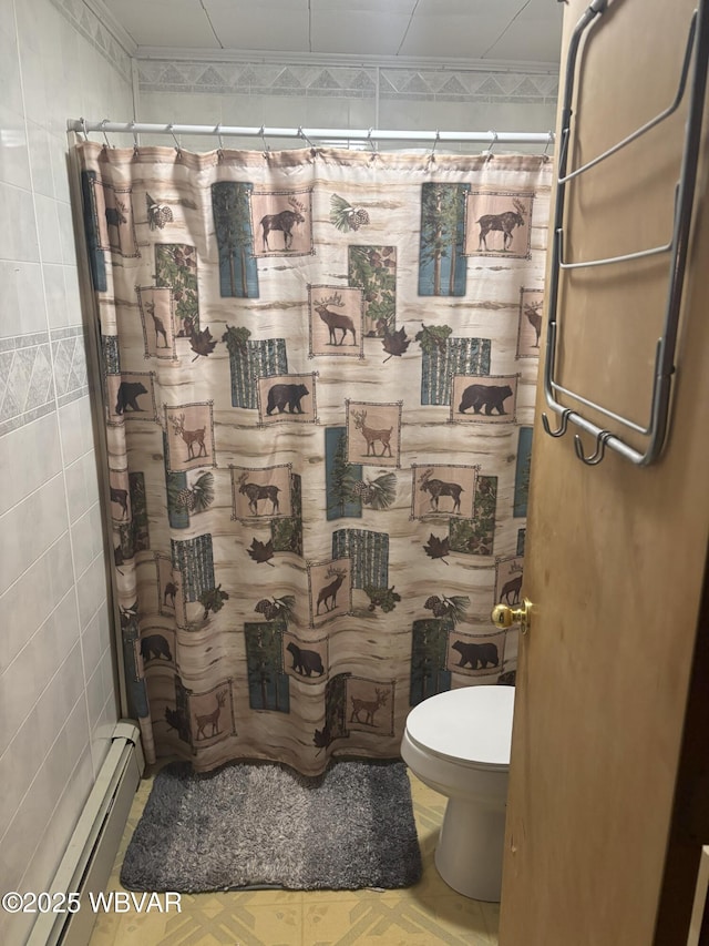 145 Gulick St, Blossburg, PA 16912 - bathroom featuring toilet, a baseboard heating unit, curtained shower, tile walls, and crown molding