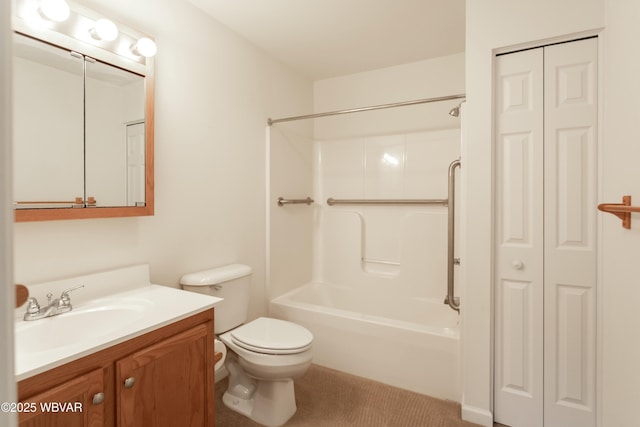 full bathroom featuring vanity, washtub / shower combination, and toilet