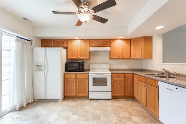 kitchen with ceiling fan, sink, and white appliances