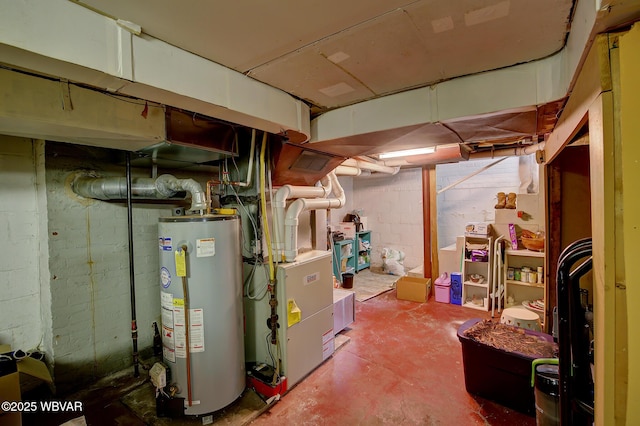 unfinished below grade area with water heater and heating unit