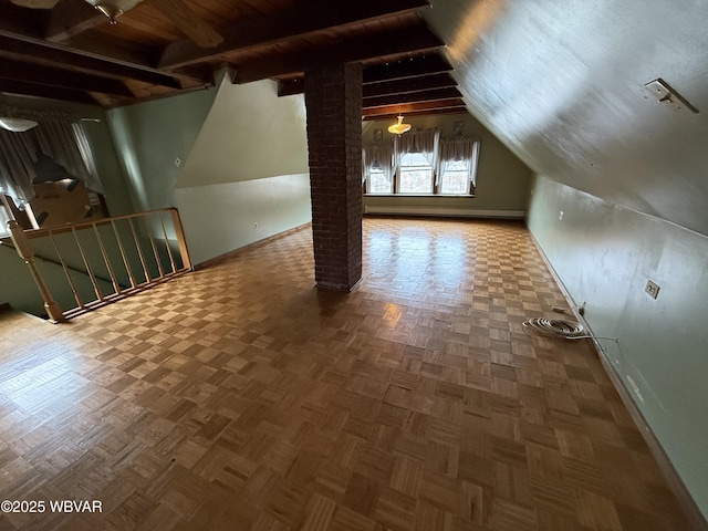 bonus room with lofted ceiling with beams, a baseboard radiator, parquet floors, and wood ceiling