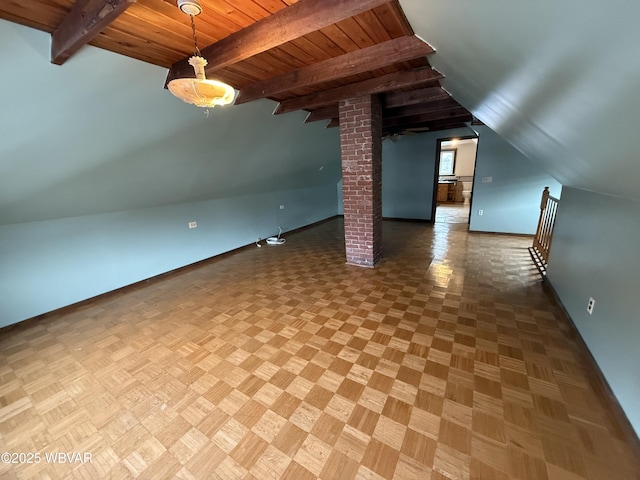 bonus room featuring parquet floors, lofted ceiling with beams, and wooden ceiling