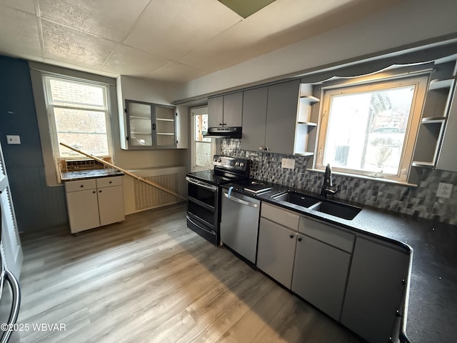 kitchen featuring sink, gray cabinetry, tasteful backsplash, stainless steel appliances, and light hardwood / wood-style floors