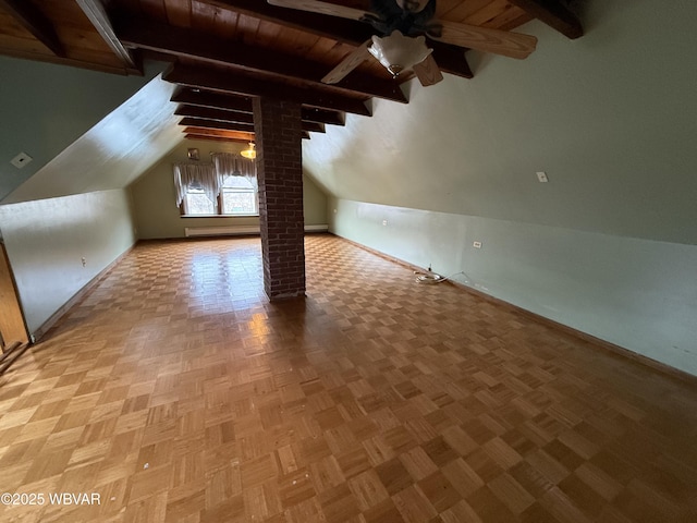 additional living space featuring vaulted ceiling with beams, wood ceiling, ornate columns, ceiling fan, and light parquet floors