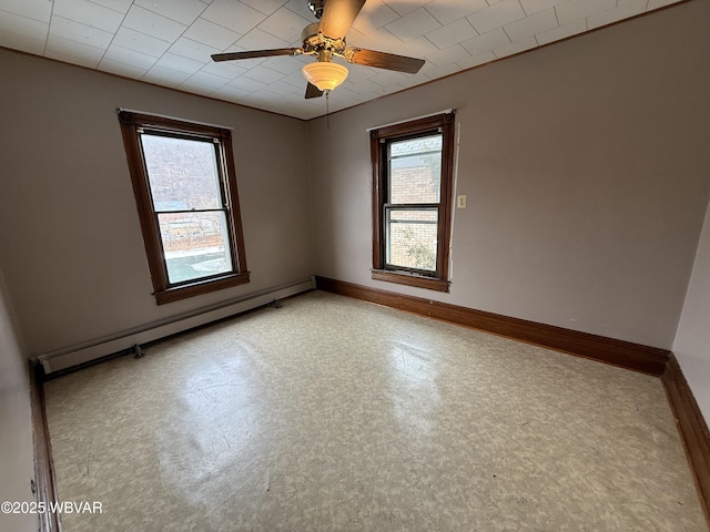 spare room with ceiling fan and a baseboard radiator