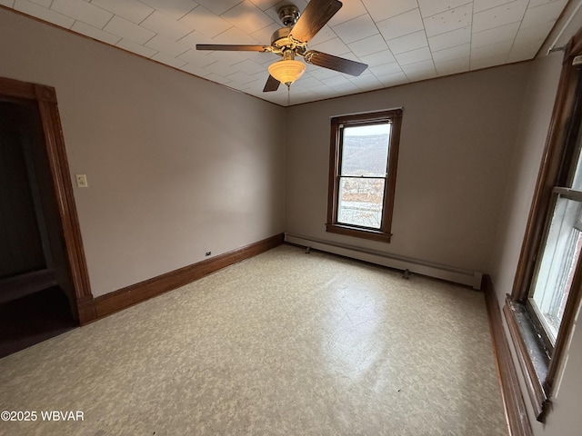 spare room with ceiling fan and baseboard heating