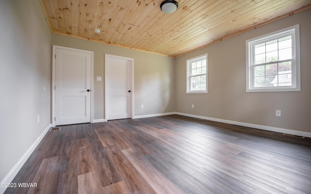 unfurnished room with wood ceiling, visible vents, dark wood finished floors, and baseboards