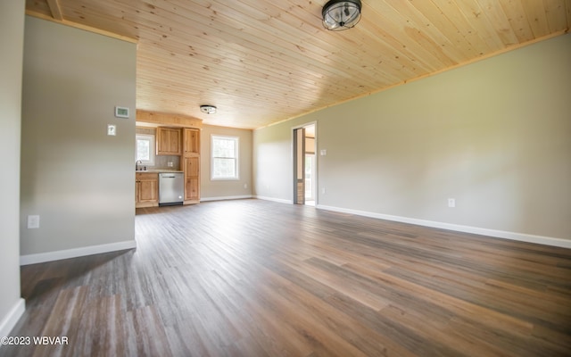 unfurnished living room featuring baseboards, wooden ceiling, and dark wood finished floors