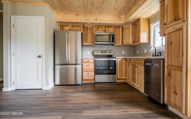 kitchen featuring dark wood finished floors, wooden ceiling, tasteful backsplash, appliances with stainless steel finishes, and a sink