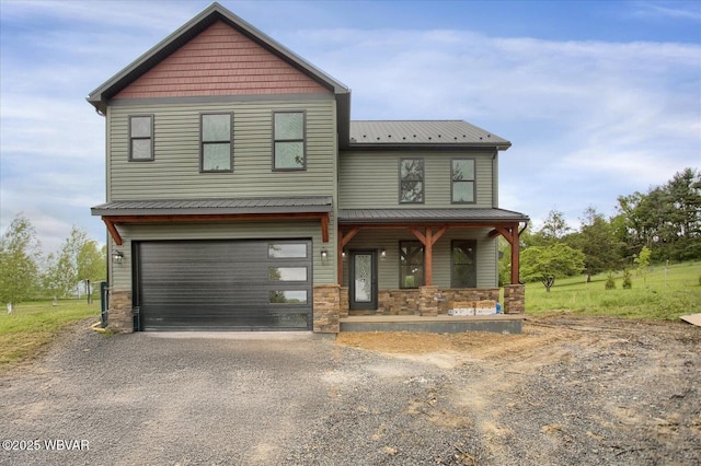 1777 Felmey Rd, Winfield, PA 17889 - view of front facade featuring a porch, driveway, stone siding, and a garage