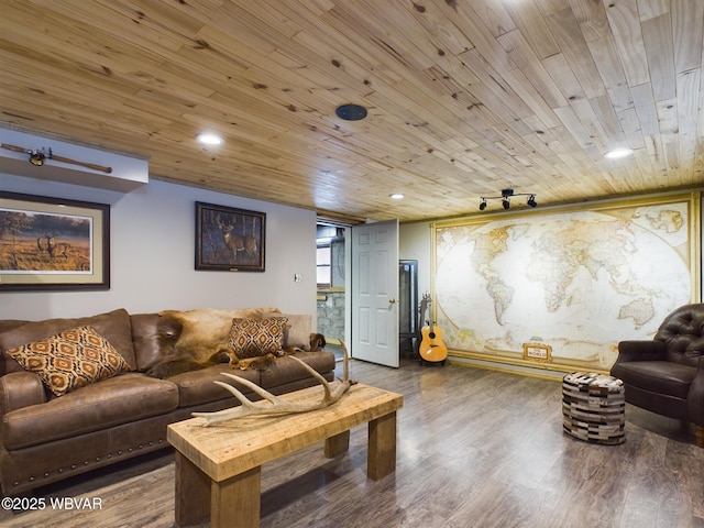 living room featuring hardwood / wood-style floors and wooden ceiling