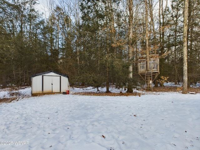 yard covered in snow with a storage shed