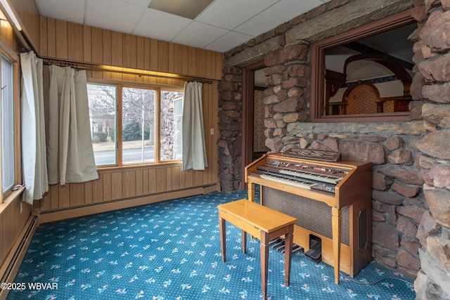 miscellaneous room with a baseboard radiator, wooden walls, carpet floors, and a drop ceiling