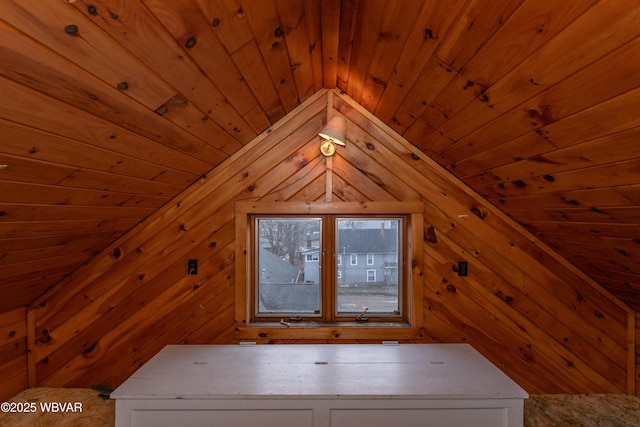 additional living space with lofted ceiling, wood ceiling, and wood walls