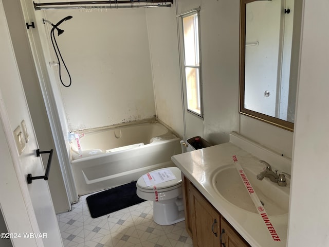 full bathroom with shower / bathing tub combination, vanity, toilet, and tile patterned floors