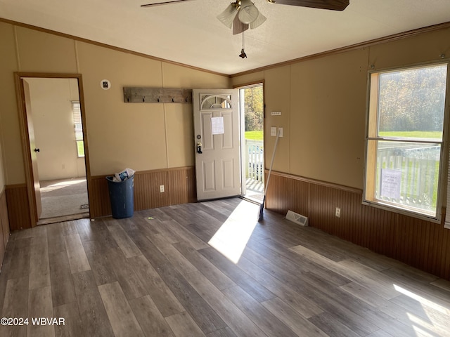 foyer entrance featuring ceiling fan, plenty of natural light, and wood-type flooring