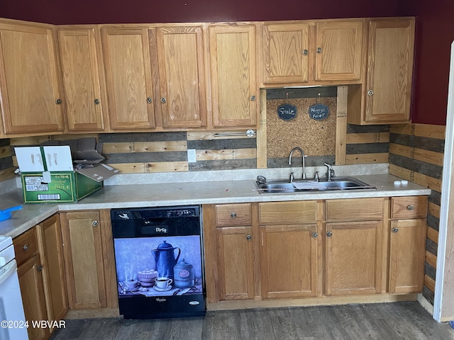 kitchen with decorative backsplash, dishwasher, dark hardwood / wood-style floors, and sink