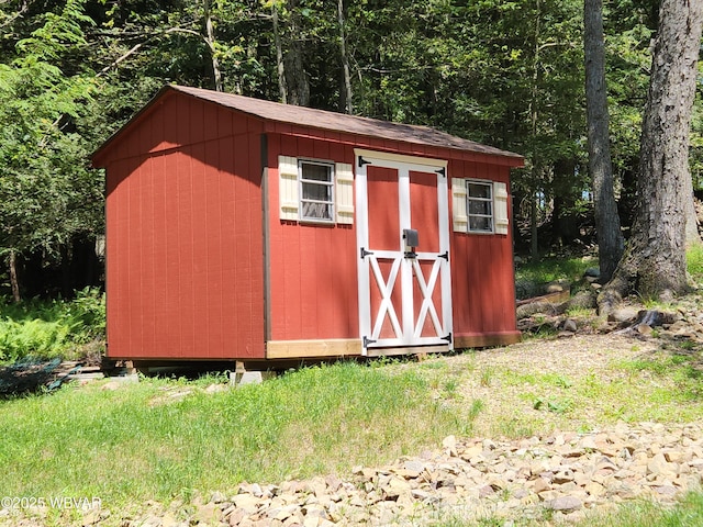 110 Worlds End Rd, Muncy Valley, PA 17758 - view of shed featuring a forest view
