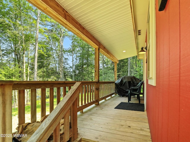 110 Worlds End Rd, Muncy Valley, PA 17758 - wooden terrace with area for grilling and view of scattered trees