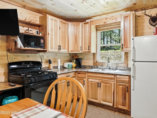 110 Worlds End Rd, Muncy Valley, PA 17758 - kitchen with black appliances, wooden ceiling, light wood finished floors, and light stone counters